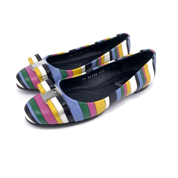 SALVATORE FERRAGAMO Varina Rainbow Stripe Flats 7 - Picture 1 of 10